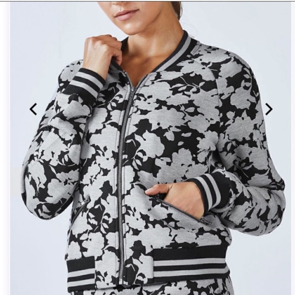 Fabletics Gray and Black Floral Bomber Jacket